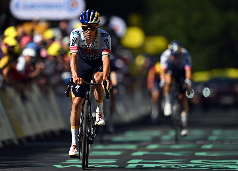 Belgian Remco Evenepoel of Red Bull-BORA-hansgrohe and pictured as he crosses the finish line of the stage 10 of the 2026 Tour de France cycling race, a stage of 167km from Aurillac to Le Lioran, on Tuesday 14 July 2026. The 113th edition of the Tour de France starts on Saturday 4 July in Barcelona, Spain, and will finish in Paris, France on the 26th of July.  BELGA PHOTO JASPER JACOBS