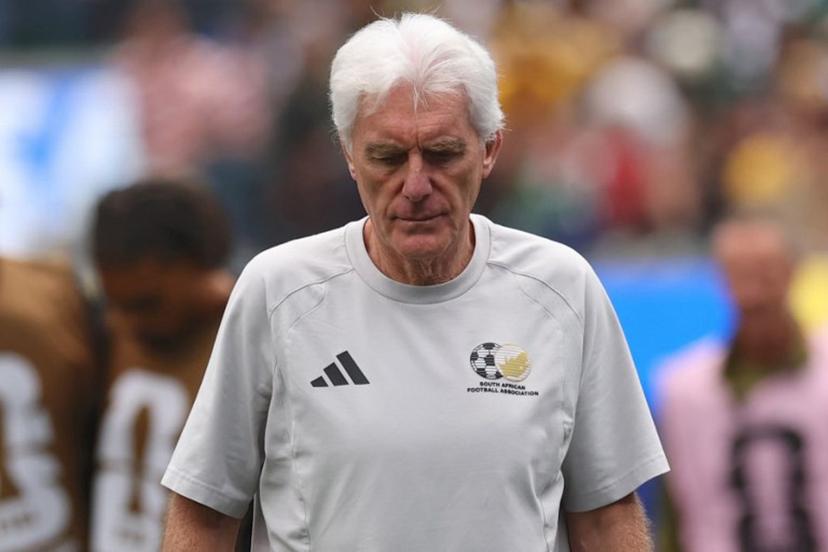 South Africa's Belgian head coach Hugo Broos gestures at the halftime of the 2026 World Cup round of 32 football match between South Africa and Canada at the Los Angeles Stadium in Inglewood on June 28, 2026.   ETIENNE LAURENT / AFP