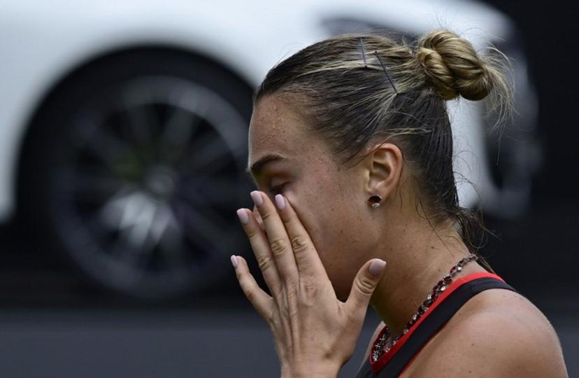 Belarus' Aryna Sabalenka reacts after losing a point against Jessica Pegula of the US during their women's singles semi-final match at the WTA500 Berlin Tennis Open tournament in Berlin on June 20, 2026.  John MACDOUGALL / AFP