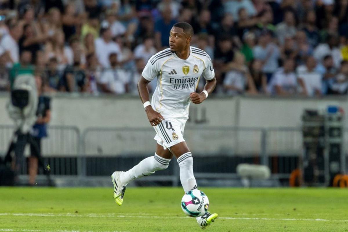 Real Madrid's Austrian defender #04 David Alaba plays the ball during the international friendly match between WSG Tirol and Real Madrid in Innsbruck on August 12, 2025.  Johann GRODER / EXPA / APA / AFP