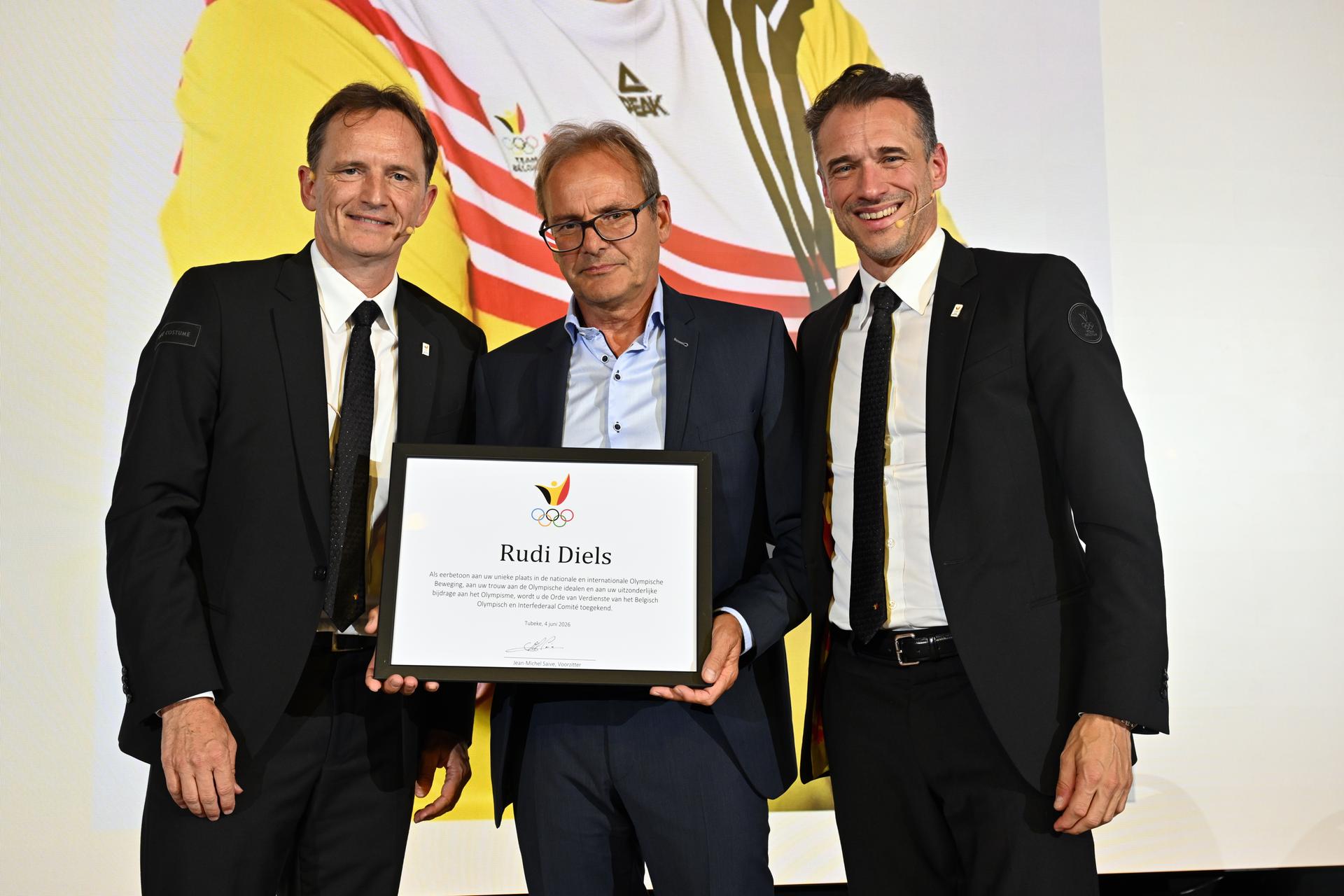 BOIC - COIB chairman Jean-Michel Saive, Belgian athletics coach Rudi Diels and BOIC - COIB CEO Cedric Van Branteghem pose for the photographer during the annual general assembly of the Belgian Olympic Committee BOIC - COIB, in Tubize, Thursday 04 June 2026. BELGA PHOTO ERIC LALMAND