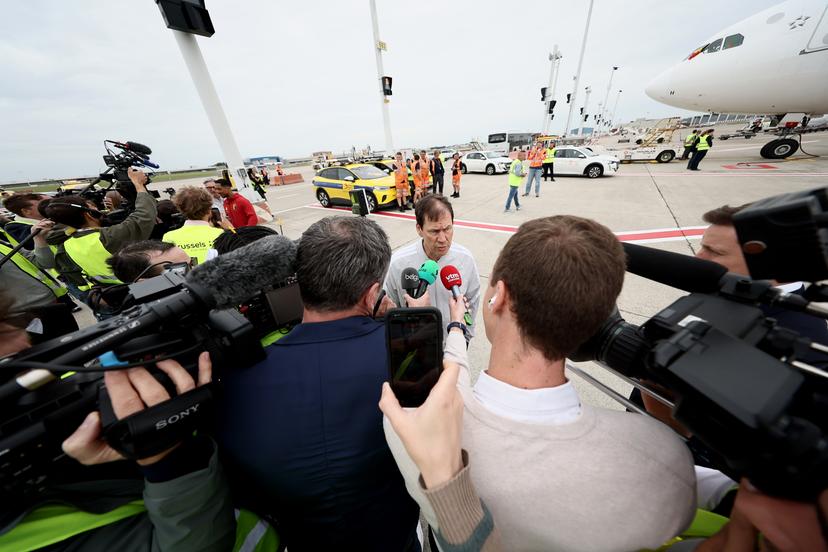 Belgium's head coach Rudi Garcia talks to the press at the departure of Belgian national soccer team the Red Devils from Brussels Airport, Monday 08 June 2026, in Zaventem. The Red Devils fly to their base camp in Seattle for the FIFA World Cup 2026 which is held in the United States, Canada and Mexico. BELGA PHOTO BRUNO FAHY