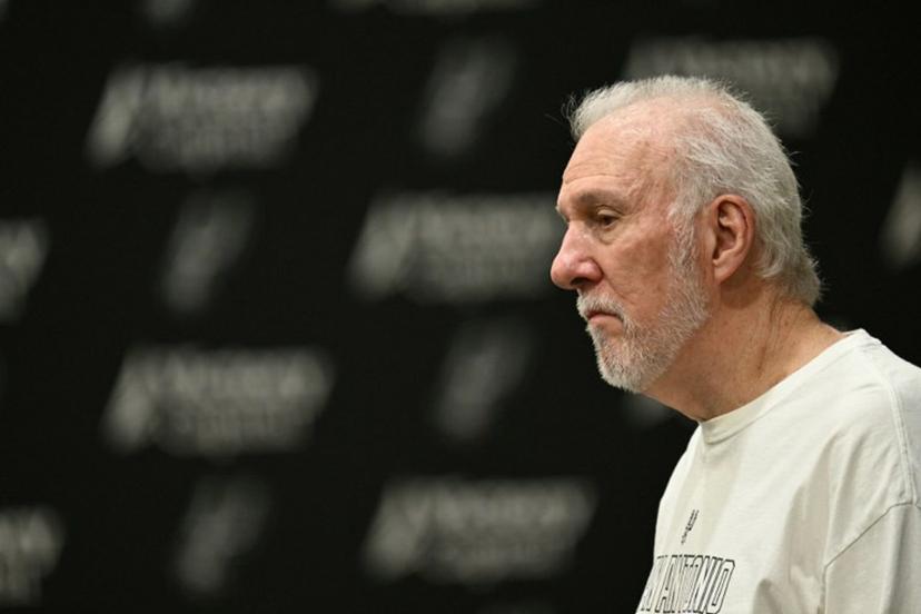 Head Coach and President of the San Antonio Spurs Gregg Popovich speaks during a media day ahead of the NBA season at the Victory Capital Performance Center in San Antonio, Texas, September 30, 2024.  Patrick T. Fallon / AFP