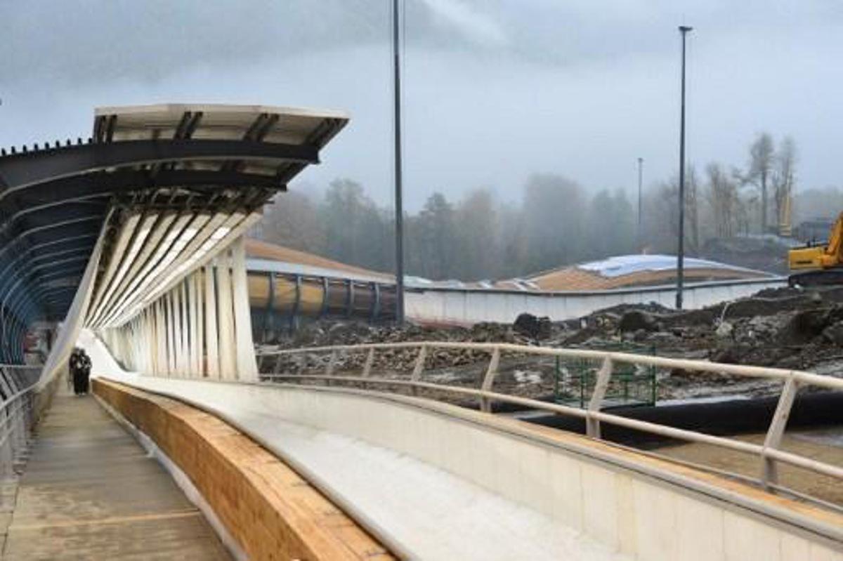 The arrival zone of the Sanki sliding centre, which will host the luge, bobsleigh and skeleton events at the upcoming 2014 winter olympics in Rosa Khutor, part of the mountain cluster of installations some 50km from Sochi.   AFP PHOTO / FRANCOIS XAVIER MARIT