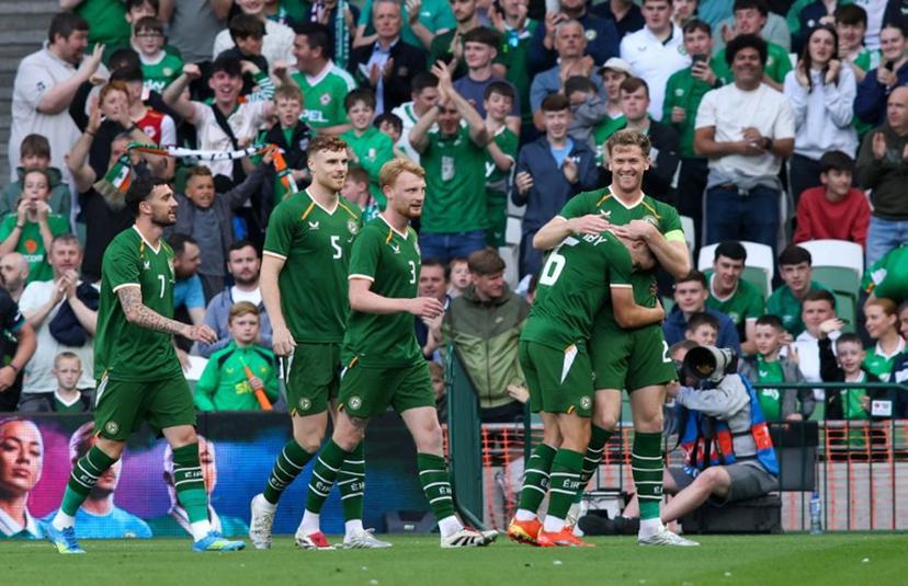 epublic of Ireland's defender Nathan Collins (R) celebrates scoring the team's first goal during the international friendly football match between the Republic of Ireland and Qatar, at the Aviva Stadium in Dublin, Ireland on May 28, 2026.  Paul Faith / AFP