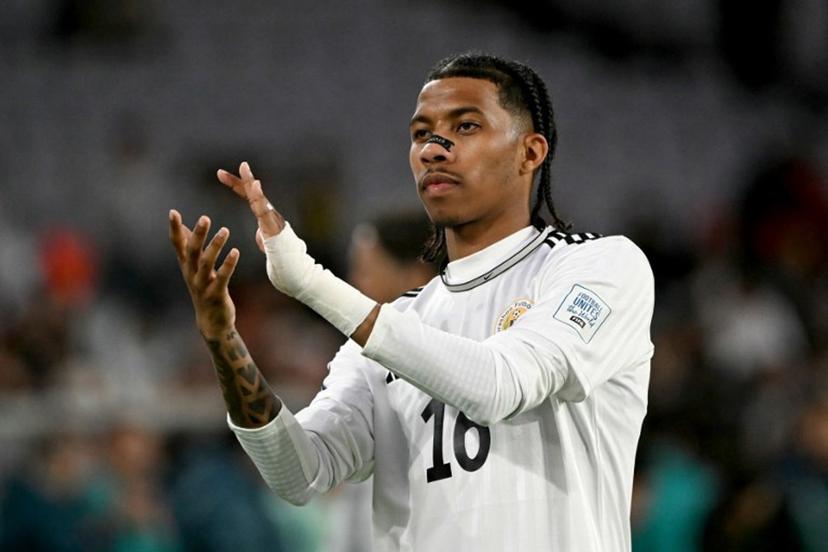 Curacao's Jearl Margaritha reacts to supporters after the international friendly football match between Curacao and China at Stadium Australia in Sydney on March 27, 2026.  SAEED KHAN / AFP