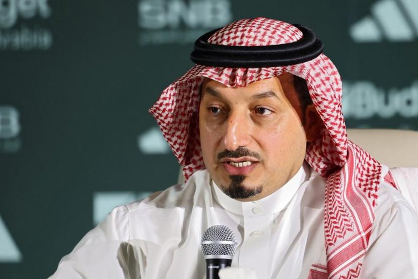 The president of the Saudi Arabian Football Federation, Yasser al-Misehal speaks during a press conference and signing ceremony with newly appointed Italian coach of the Saudi national football team, Roberto Mancini (unseen) in Riyadh, on August 28, 2023.  Mancini was on August 27 named as the new coach of the Saudi Arabia national team on a deal reported to be worth more than $25 million a year after he controversially quit the Italy job earlier this month. Fayez NURELDINE / AFP
