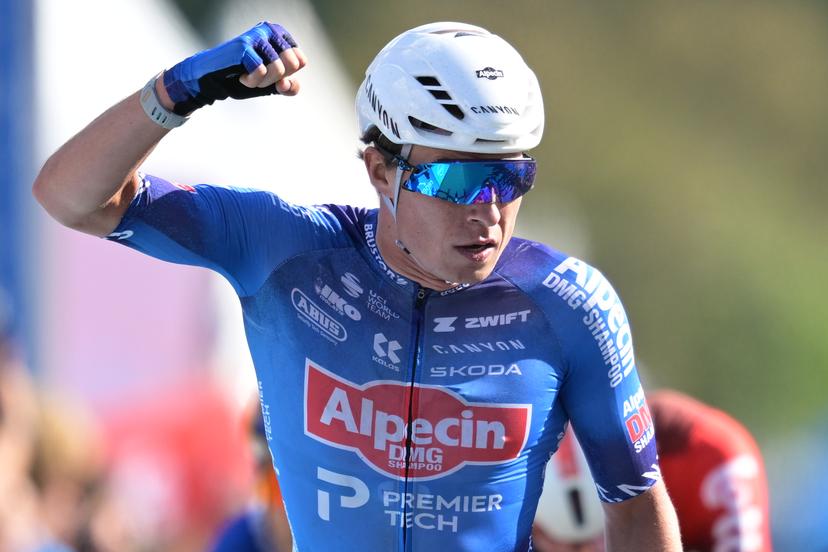 Belgian Jasper Philipsen of Alpecin-Premier Tech celebrates as she crosses the finish line at stage two of the 'Renewi Tour' multi-stage cycling race, from Blankenberge to Ardooie (191,3 km) on Thursday 20 August 2026. The five-day race takes place from 19 to 23/08. BELGA PHOTO DAVID PINTENS