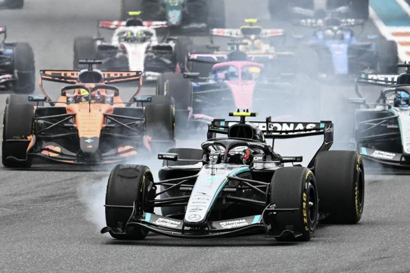 Mercedes' Italian driver Kimi Antonelli races during the 2026 Miami Formula One Grand Prix at Miami International Autodrome in Miami Gardens, Florida, on May 3, 2026.   CHANDAN KHANNA / AFP