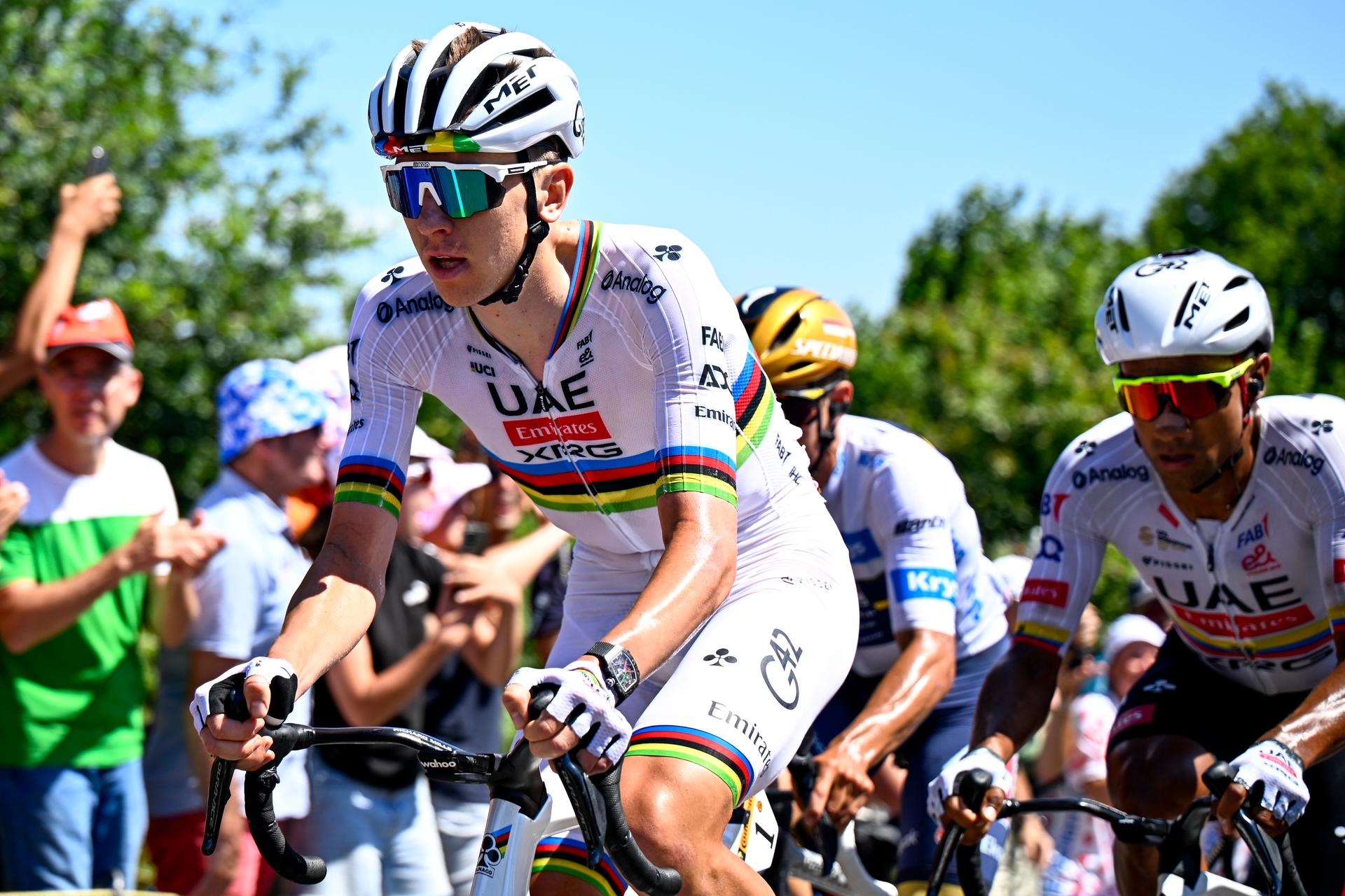 Slovenian Tadej Pogacar of UAE Team Emirates pictured in action during stage seven of the 2025 Tour de France cycling, from Saint-Malo to Mur-de-Bretagne (194 km), on Friday 11 July 2025 in France. The 112th edition of the Tour de France starts on Saturday 5 July in Lille, France, and will finish in Paris, France on the 27th of July. BELGA PHOTO JASPER JACOBS