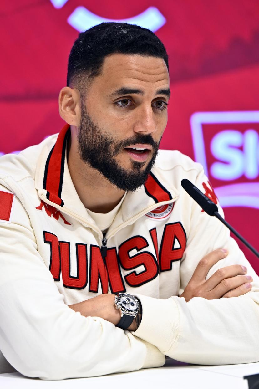 Tunisian Dylan Bronn pictured during a press conference of the Tunisian national soccer team, in Brussels, on Friday 05 June 2026. Tunisia is playing a friendly game against Belgian national soccer team Red Devils tomorrow, part of the preparations for the 2026 FIFA World Cup. BELGA PHOTO ERIC LALMAND