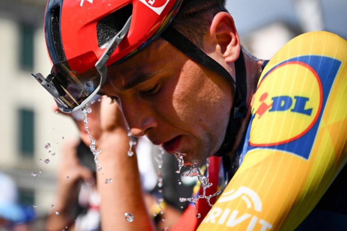 Italian rider Andrea Bagioli of team Lidl-Treck is pictured after crossing the finish line in third place in the first stage of the Men's Tour of Switzerland (Tour de Suisse) cycling race, in Sondrio, Italy, on June 17, 2026.  Marco BERTORELLO / AFP