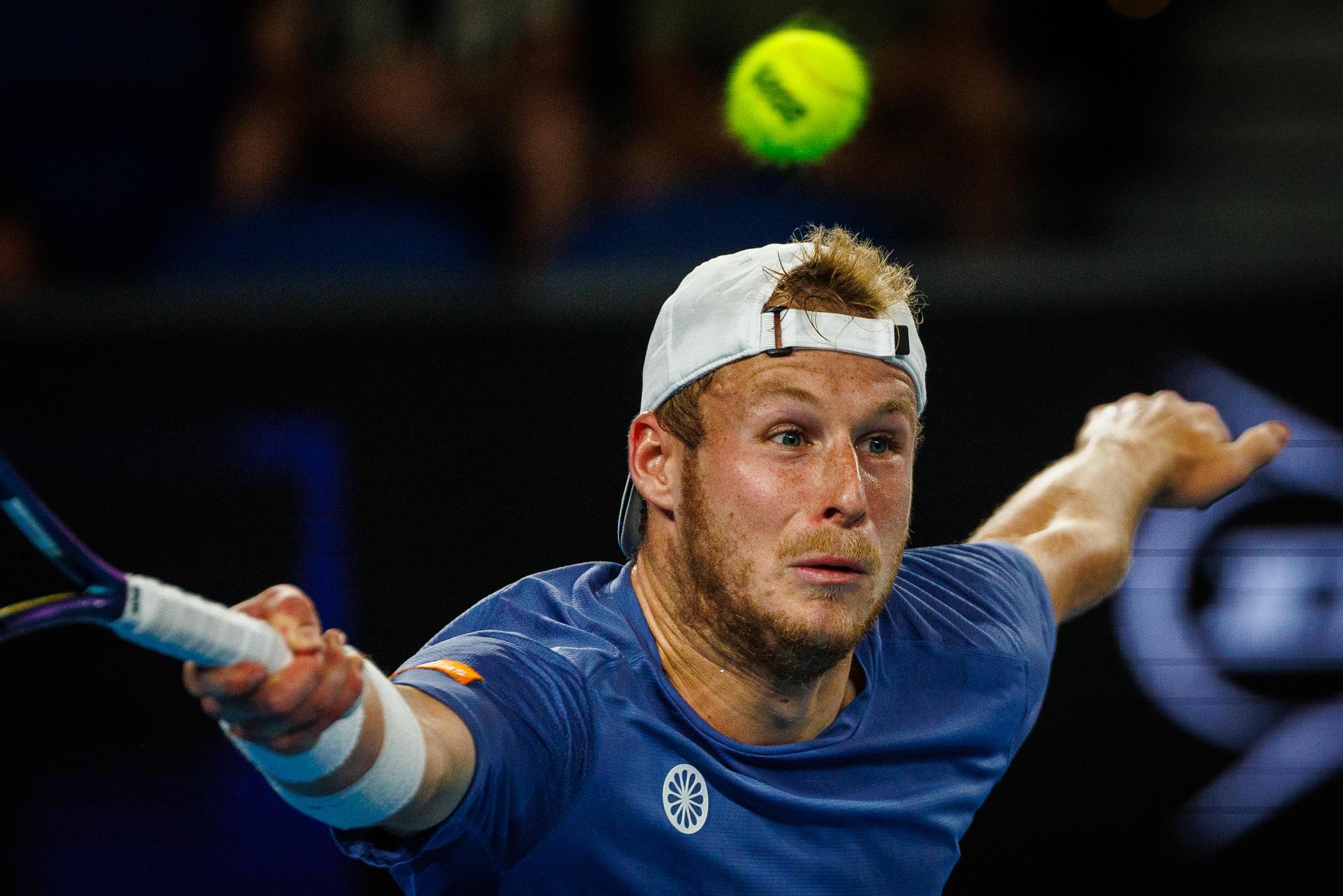 Belgian Gauthier Onclin pictured in action during a men's singles first round game between Belgian Onclin and American Opelka, at the 'Australian Open' Grand Slam tennis tournament, Sunday 12 January 2025 in Melbourne Park, Melbourne, Australia. The 2025 edition of the Australian Grand Slam takes place from January 12th to January 26th. BELGA PHOTO PATRICK HAMILTON