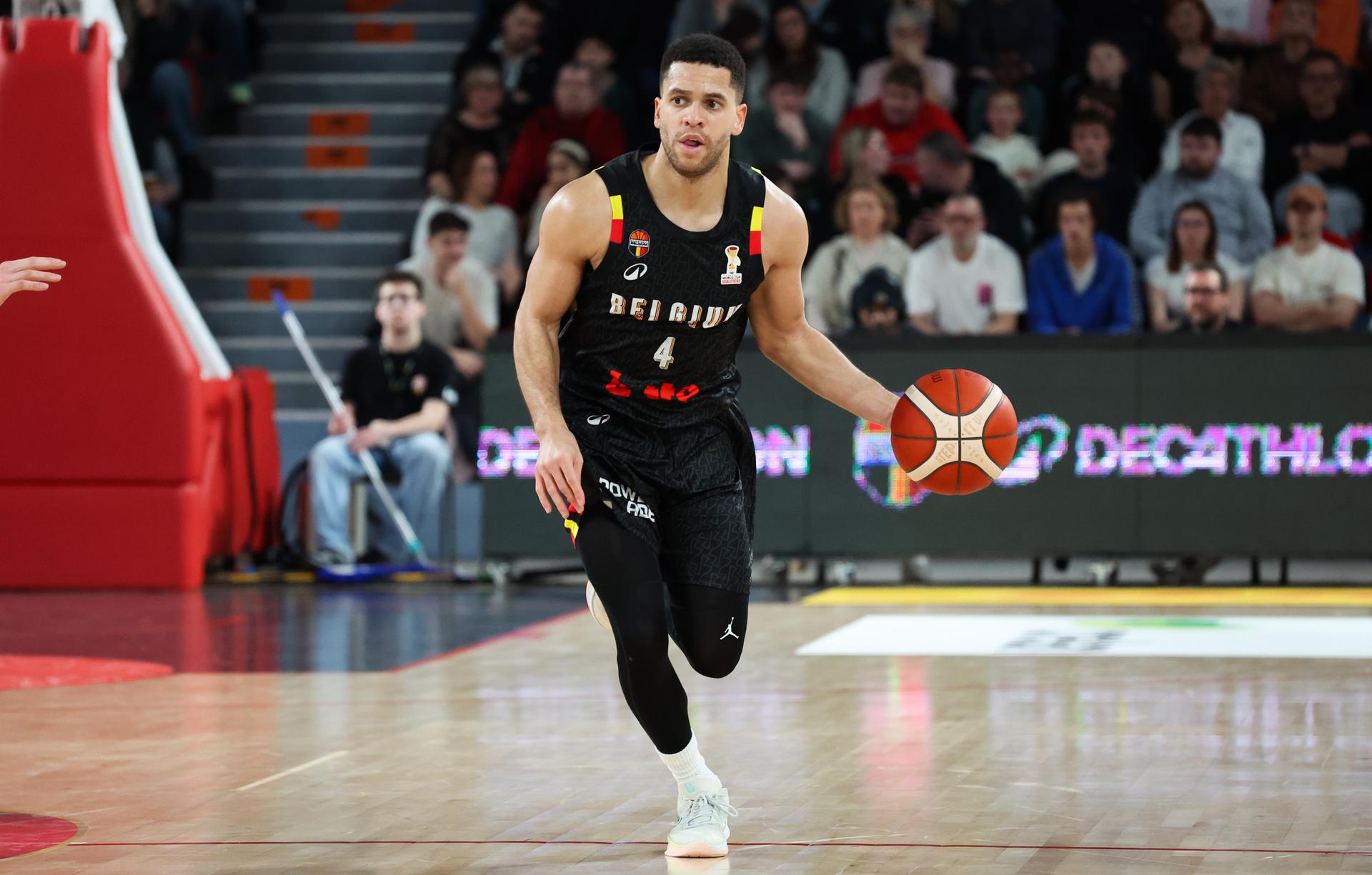 Belgium's Emmanuel Manu Lecomte pictured in action during a basketball match between Belgian national team Belgian Lions and Finland, Friday 27 February 2026 in Charleroi, qualifier 3/6 for the men's 2027 FIBA World Championships. BELGA PHOTO VIRGINIE LEFOUR