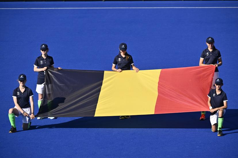 The Belgian flag is seen before a hockey game between England and the Belgian national team Red Panthers, match 2/3 in the pool stage of the 2025 women's European championships, Monday 11 August 2025 in Monchengladbach, Germany.  BELGA PHOTO ERIC LALMAND