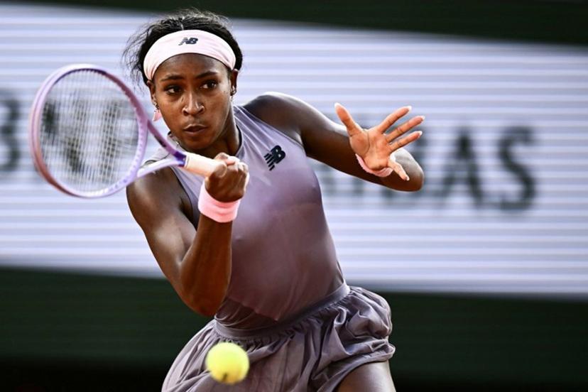 US Coco Gauff plays a forehand return to Austria's Anastasia Potapova during their women's singles match on day 7 of the French Open tennis tournament on Court Philippe-Chatrier at the Roland-Garros Complex in Paris on May 30, 2026.  JULIEN DE ROSA / AFP