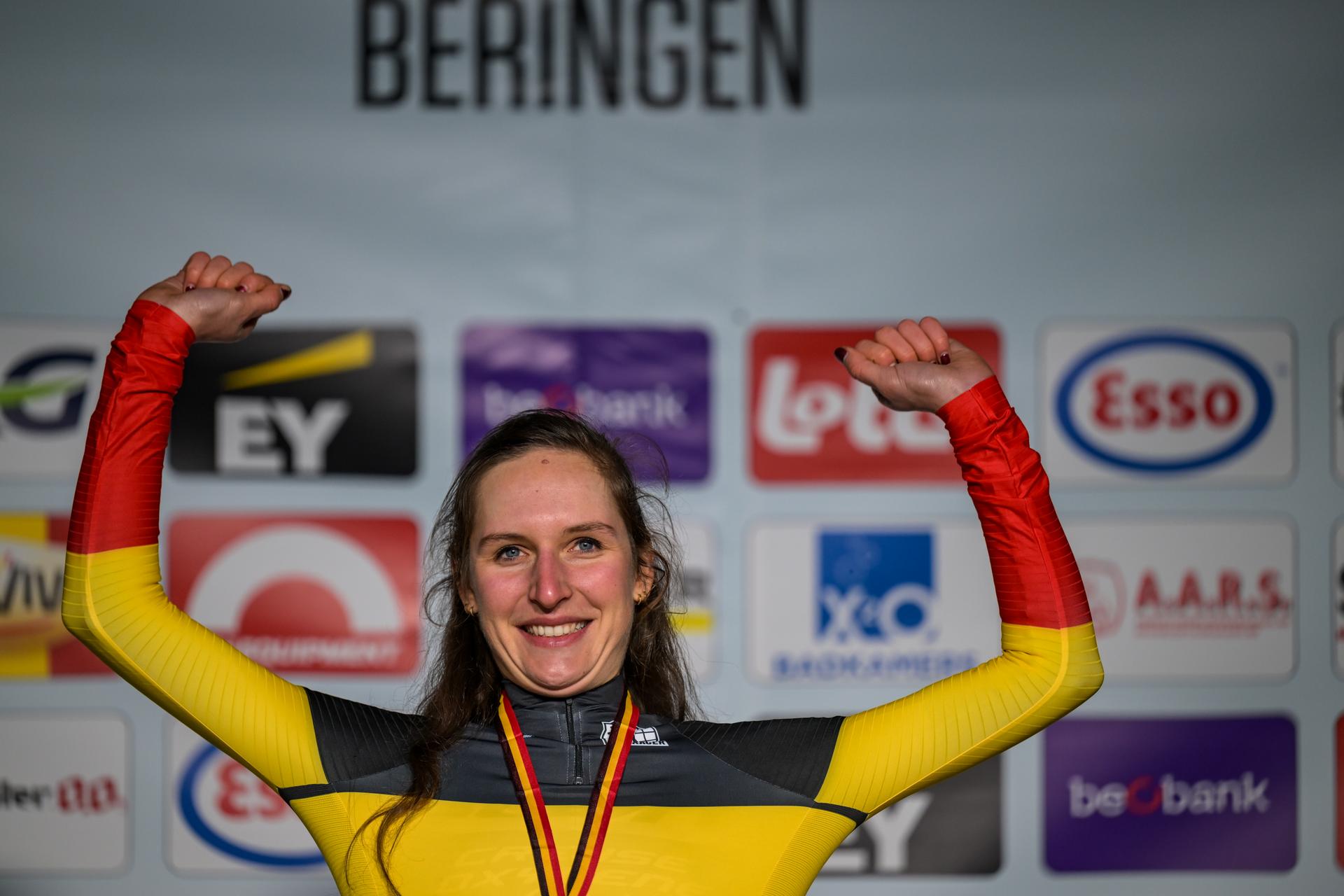 Belgian Emeline Detilleux pictured on the podium after the Women elite 2 race at the Belgian Cyclocross Championships in Beringen on Saturday 10 January 2026. BELGA PHOTO DAVID PINTENS