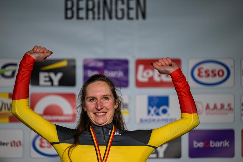 Belgian Emeline Detilleux pictured on the podium after the Women elite 2 race at the Belgian Cyclocross Championships in Beringen on Saturday 10 January 2026. BELGA PHOTO DAVID PINTENS