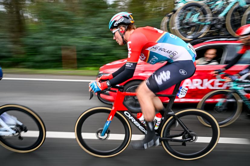 British Joshua Giddings of Lotto Dstny Development Team pictured in action during the men's race of the 112th edition of the 'Scheldeprijs' one day cycling event, 205,3 km from Terneuzen, the Netherlands to Schoten, Belgium on Wednesday 03 April 2024. BELGA PHOTO TOM GOYVAERTS