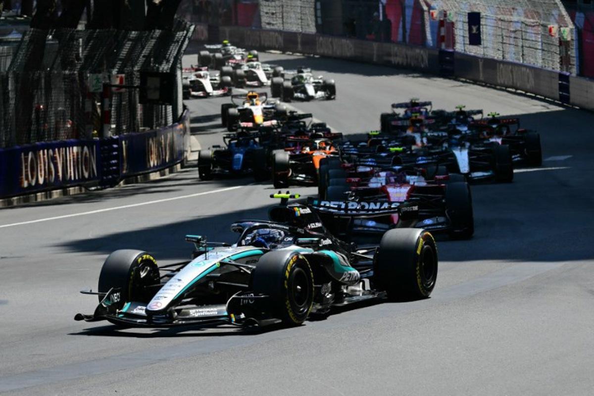 Mercedes' Italian driver Kimi Antonelli (C) leads the start during Monaco Formula 1 Grand Prix at the Monaco street circuit in Monaco, ahead of the, on June 7, 2026.   Andrej ISAKOVIC / AFP