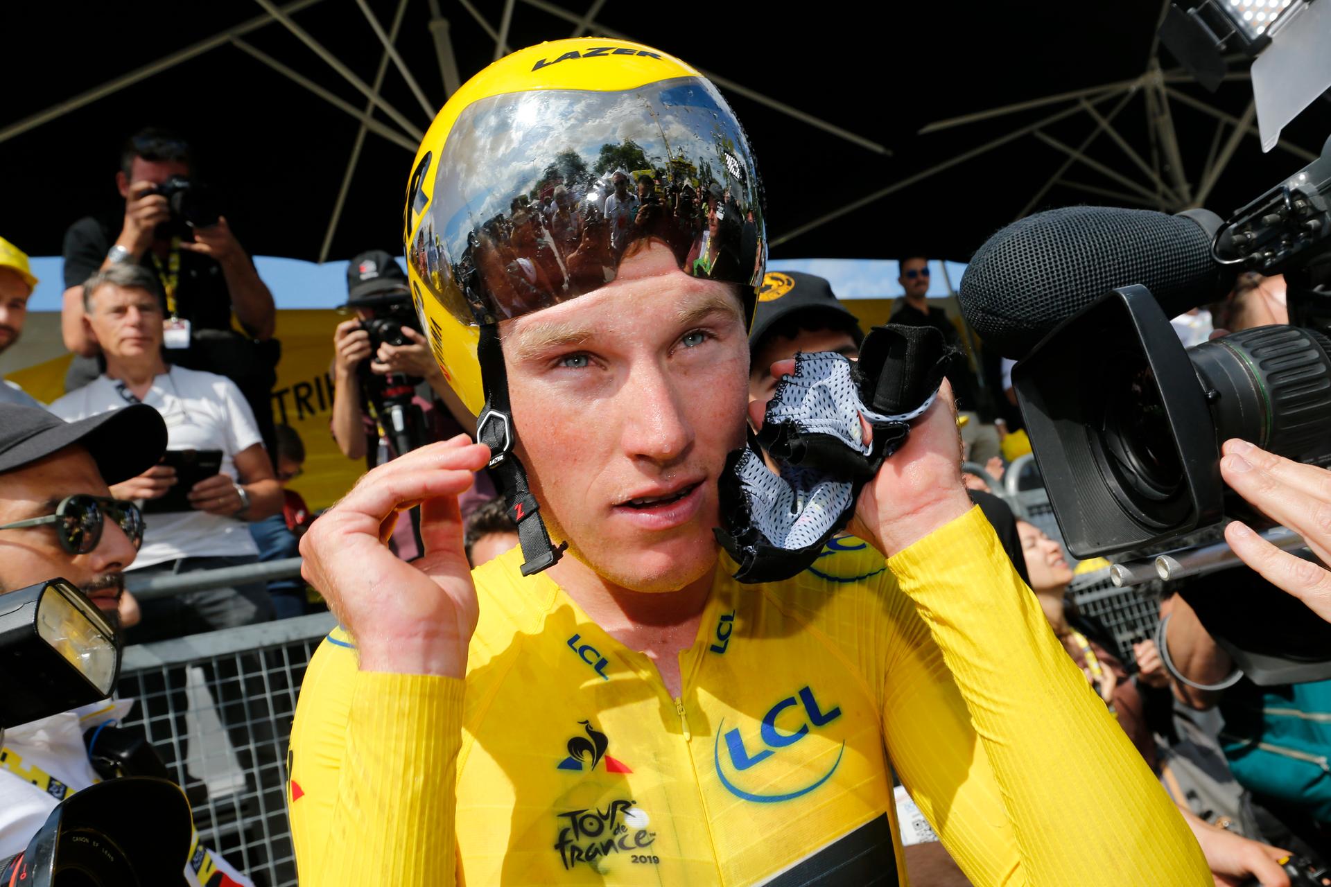 Dutch Mike Teunissen of Team Jumbo-Visma pictured after the arrival of the second stage of the 106th edition of the Tour de France cycling race, a 27,6km team time trial in Brussels, Belgium, Sunday 07 July 2019. This year's Tour de France starts in Brussels and takes place from July 6th to July 28th. BELGA PHOTO YUZURU SUNADA FRANCE OUT