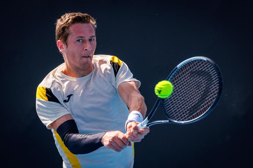 Belgium's Kimmer Coppejans pictured in action during a third round qualifying match in the men's singles against USA's Svajda at the Australian Open, Melbourne Park, Melbourne on Thursday 15 January 2026.  BELGA PHOTO PATRICK HAMILTON  --- BENELUX ONLY   ---