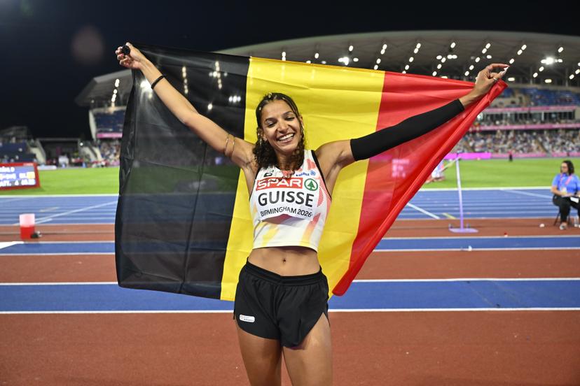 Belgian Saliyya Guisse reacts after winning the silver medal in the women's triple jump event  on the fourth day of the European Athletics Championships (August 10-18) in Birmingham, United Kingdom, on Thursday 13 August 2026. BELGA PHOTO ERIC LALMAND
