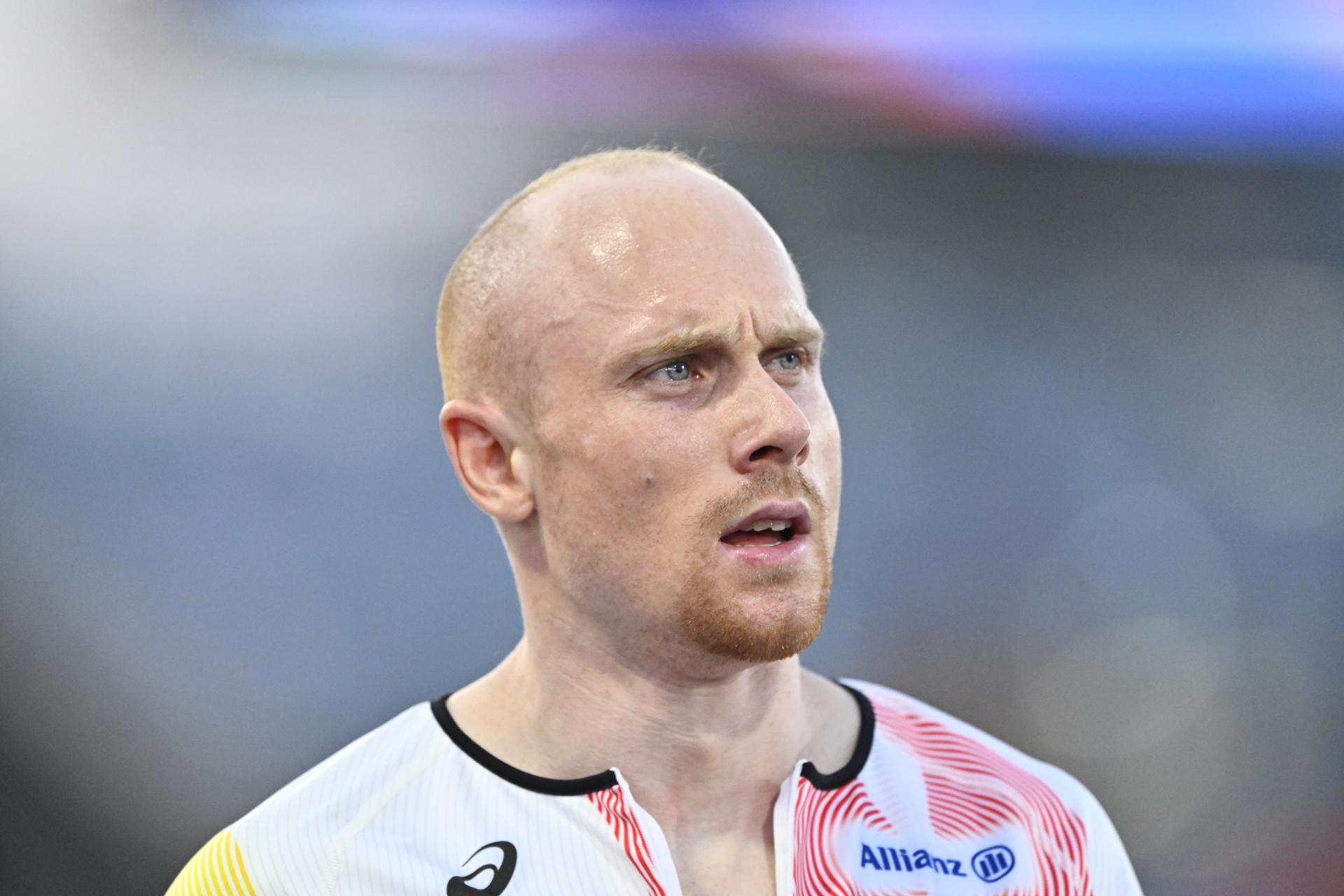 Belgian Antoine Snyders reacts after the semifinal of the men's 200m event on the fourth day of the European Athletics Championships (August 10-18) in Birmingham, United Kingdom, on Thursday 13 August 2026. BELGA PHOTO ERIC LALMAND