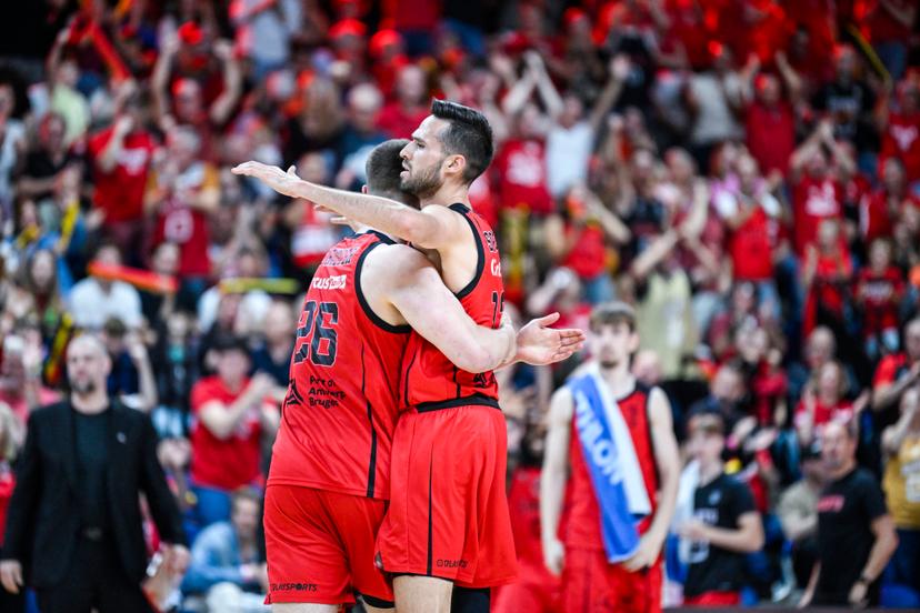 Antwerp's Yoeri Schoepen celebrates during a basketball match between Antwerp Giants and BC Oostende, Saturday 13 June 2026, in Antwerp, the fifth and last deciding match of the Final of the Playoffs of the 'BNXT League' Belgian/ Dutch first division basket championship. BELGA PHOTO TOM GOYVAERTS