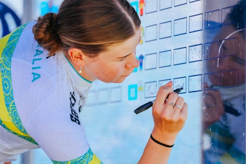 Australia's Talia Appleton of the ARA Australian Cycling Team signs on before the women's elite cycling event of the 2025 Cadel Evans Great Ocean Road Race in Geelong on February 1, 2025.  CHRIS PUTNAM / AFP