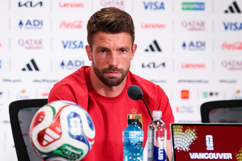 Belgium's Brandon Mechele pictured during a press conference of Belgian national soccer team Red Devils in Vancouver, Canada, on Thursday 25 June 2026. The Rode Duivels-Diables Rouges have two draw games so far and a third game to play on the 27th of June. BELGA PHOTO BRUNO FAHY