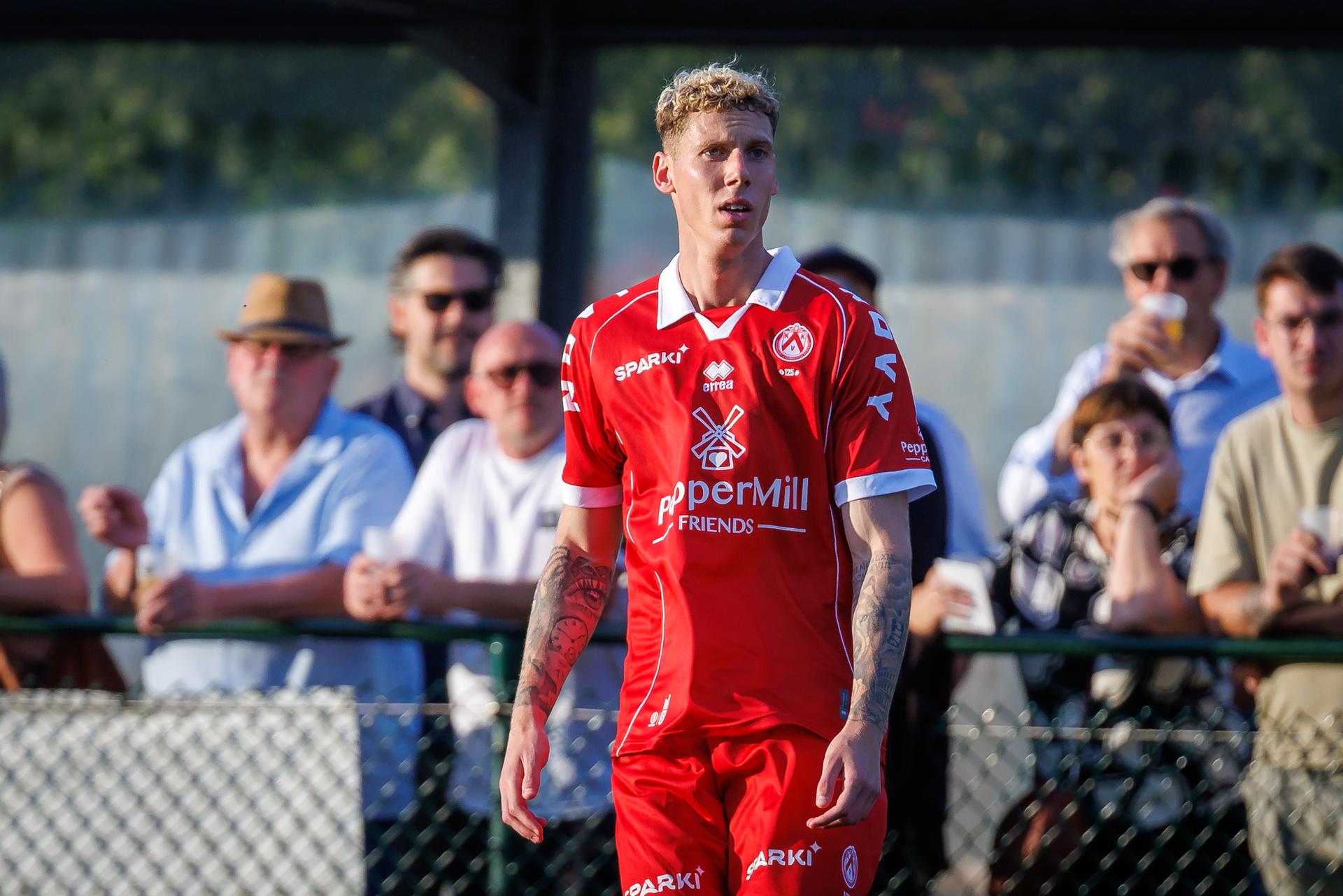 Kortrijk's new player Suf Podgoreanu pictured during a friendly soccer game between first provincial division soccer team KFC Marke and first division KV Kortrijk, on Wednesday 17 June 2026 in Marke, in preparation of the upcoming 2026-2027 Belgian first division soccer season. BELGA PHOTO KURT DESPLENTER