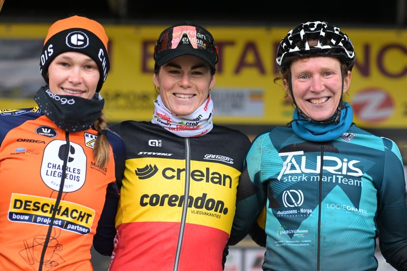 Belgian Julie Brouwers, Belgian Marion Norbert Riberolle and Belgian Kim Van De Steene celebrate on the podium after the women's elite race of the Cyclocross Otegem cycling event, Monday 12 January 2026 in Otegem, the day after the Belgian national cyclocross championships. BELGA PHOTO DAVID PINTENS
