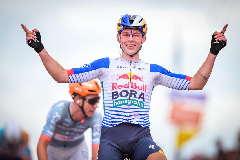 New Zealander Laurence Pithie of Red Bull-BORA-hansgrohe celebrates as he crosses the finish line to win the third stage of the Tour De Wallonie cycling race, from Habay to Vaux-sur-Sûre (176,9 km), on Wednesday 03 June 2026. BELGA PHOTO DAVID PINTENS