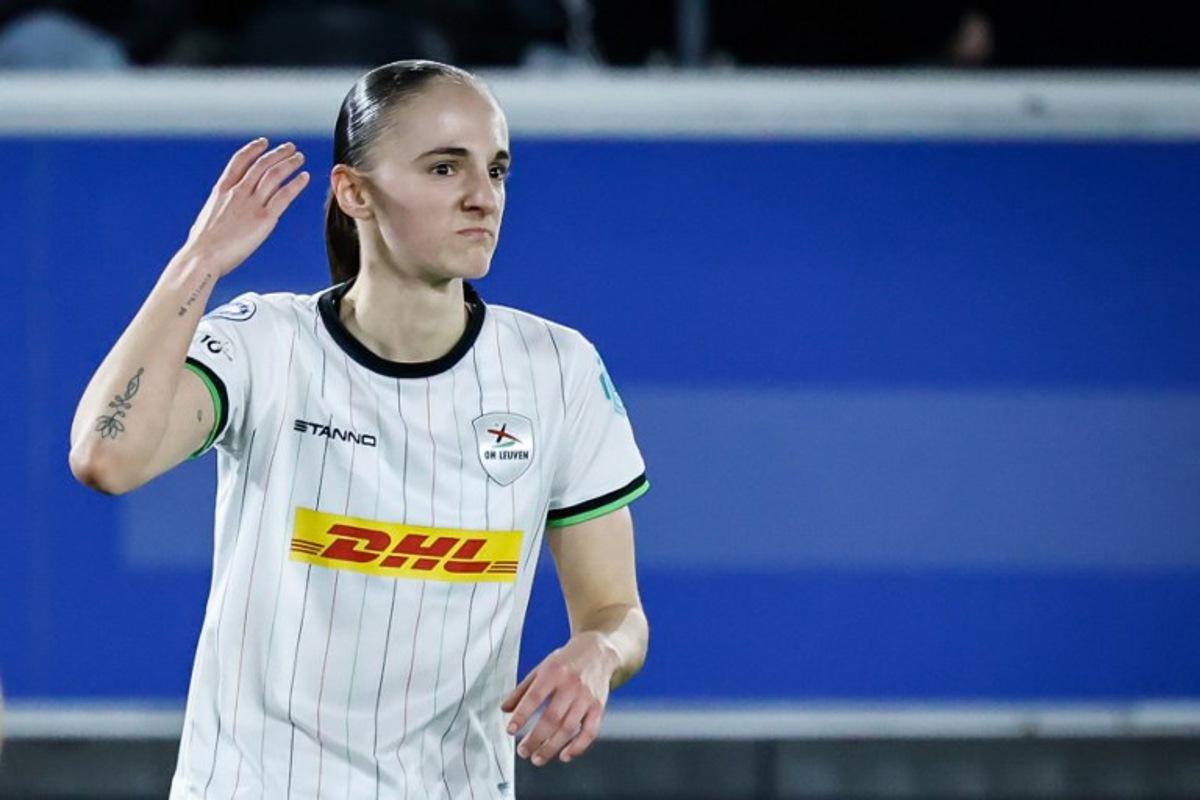 OH Leuven's Belgian midfielder #06 Zenia Mertens reacts during the UEFA Women's Champions League knockout play-off in first-leg match between Oud-Heverlee Leuven and Arsenal FC at the Den Dreef Stadium in Leuven on February 11, 2026.  Simon Wohlfahrt / AFP