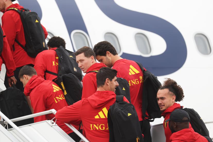 Belgium's Hans Vanaken, Belgium's goalkeeper Thibaut Courtois and Belgium's Arthur Theate pictured at the departure of Belgian national soccer team the Red Devils from Brussels Airport, Monday 08 June 2026, in Zaventem. The Red Devils fly to their base camp in Seattle for the FIFA World Cup 2026 which is held in the United States, Canada and Mexico. BELGA PHOTO BRUNO FAHY