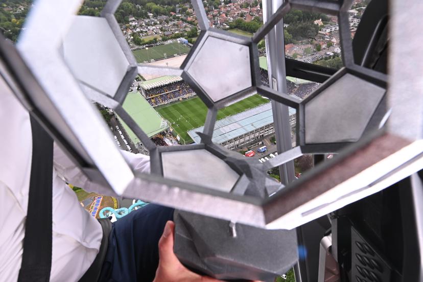Picture taken above the stadium of Club Brugge inside the helicopter that will transport the champion's trophy to the winning team of the 2024-2025 'Jupiler Pro League' first division of the Belgian championship, on Sunday 25 May 2025. BELGA PHOTO JONAS ROOSENS