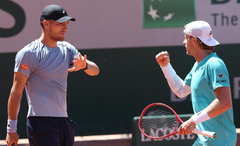 Belgian Raphael Collignon and Belgian Zizou Bergs celebrate during a first round match in the men's doubles between Belgian pair Bergs-Collignon and Belgian-Dutch pair Gille-Verbeek at the Roland Garros French Open tennis tournament, in Paris, France, Tuesday 26 May 2026. This year's tournament takes place from 18 May to 07 June. BELGA PHOTO VIRGINIE LEFOUR