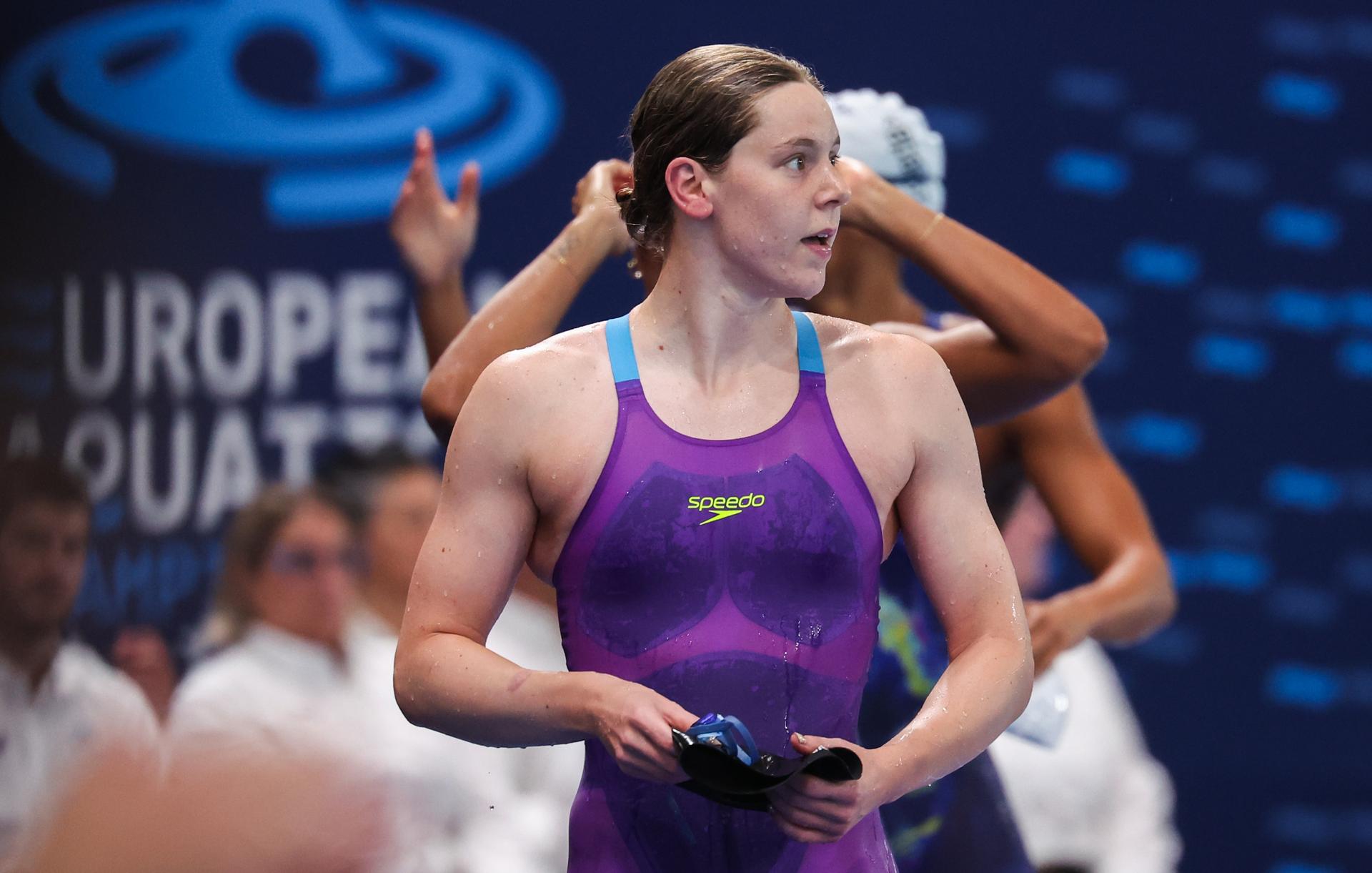 Belgian Roos Vanotterdijk is pictured in action during the semifinals of the women's 50m backstroke event at the European Aquatics Championships in Paris, France on Wednesday 12 August 2026. BELGA PHOTO VIRGINIE LEFOUR