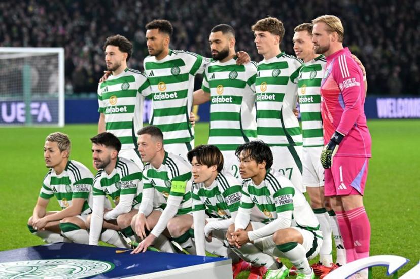 Celtic's German midfielder #10 Nicolas Kuhn, Celtic's US defender #06 Auston Trusty, Celtic's US defender #20 Cameron Carter-Vickers, Celtic's Belgian midfielder #27 Arne Engels, Celtic's Canadian defender #02 Alistair Johnston, Celtic's Danish goalkeeper #01 Kasper Schmeichel, Celtic's Japanese striker #38 Daizen Maeda, Celtic's Scottish defender #03 Greg Taylor, Celtic's Scottish midfielder #42 Callum McGregor, Celtic's Japanese midfielder #08 Kyogo Furuhashi and Celtic's Japanese midfielder #41 Reo Hatate pose for a team photo before the UEFA Champions League football match between Celtic and Young Boys at Celtic Park stadium in Glasgow, Scotland on January 22, 2025.   ANDY BUCHANAN / AFP