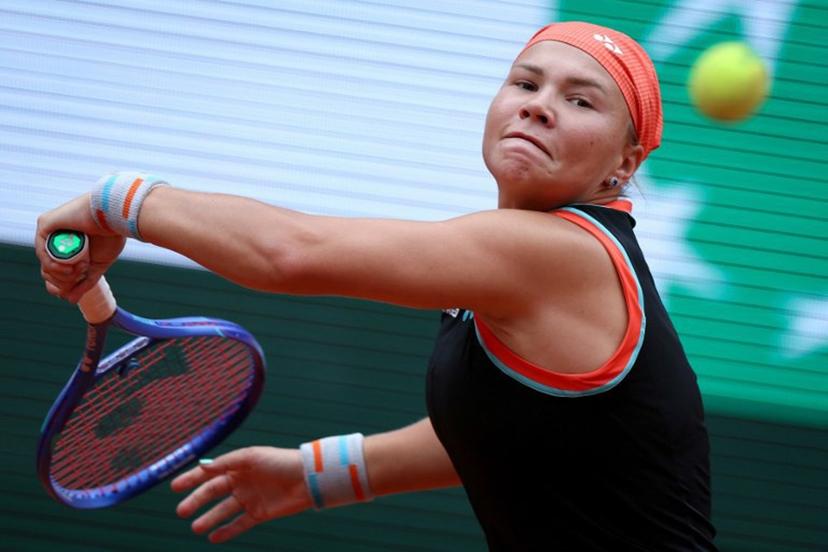 Diana Shnaider plays a forehand return to Aryna Sabalenka during their women's quarter final singles match on day 11 of the French Open tennis tournament on Court Philippe-Chatrier at the Roland-Garros Complex in Paris on June 3, 2026.  Alain JOCARD / AFP