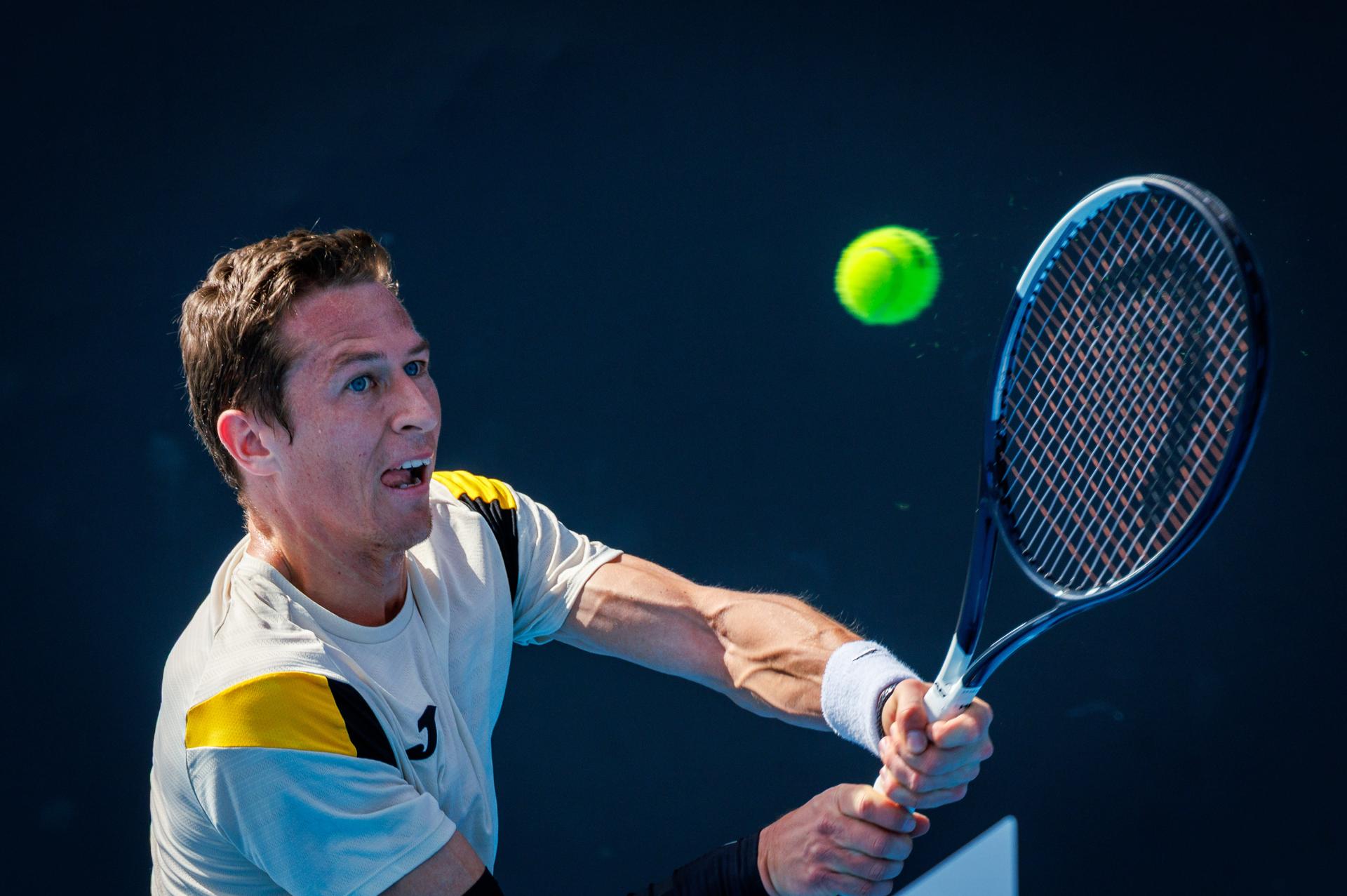Belgium's Kimmer Coppejans pictured in action during a third round qualifying match in the men's singles against USA's Svajda at the Australian Open, Melbourne Park, Melbourne on Thursday 15 January 2026.  BELGA PHOTO PATRICK HAMILTON  --- BENELUX ONLY   ---
