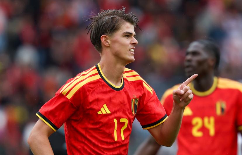 Belgium's Charles De Ketelaere celebrates after scoring during a friendly soccer game between Belgian national team Red Devils and Tunisia, Saturday 06 June 2026 in Brussels, part of the preparations for the 2026 FIFA World Cup. BELGA PHOTO VIRGINIE LEFOUR