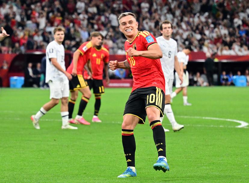 Belgium's Leandro Trossard celebrates after scoring the 2-0 goal during a soccer game between Belgian national team Red Devils and New Zealand, on Friday 26 June 2026, at the BC Place Vancouver stadium in Vancouver, Canada, the third game in the group stage of the FIFA World Cup 2026. The Diables Rouges - Rode Duivels were drawn into Group G. BELGA PHOTO DIRK WAEM