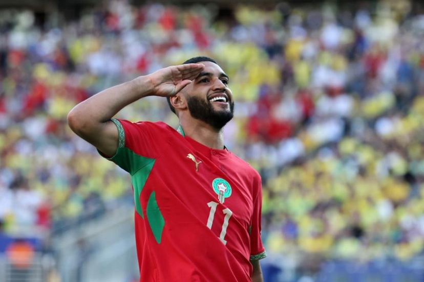 Morocco's midfielder #11 Ismael Saibari celebrates scoring his team's first goal during the 2026 World Cup Group C football match between Brazil and Morocco at the New York/New Jersey Stadium in East Rutherford on June 13, 2026.  TIMOTHY A. CLARY / AFP