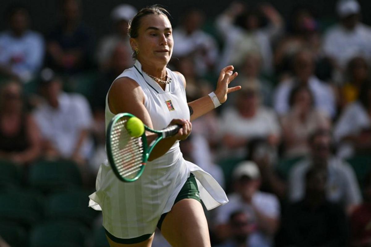 Belarus's Aryna Sabalenka returns the ball to Serbia's Teodora Kostovic during their women's singles first round tennis match on the first day of the 2026 Wimbledon Championships at The All England Lawn Tennis and Croquet Club in Wimbledon, southwest London, on June 29, 2026.  Glyn KIRK / AFP