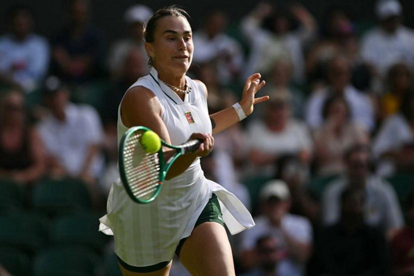 Belarus's Aryna Sabalenka returns the ball to Serbia's Teodora Kostovic during their women's singles first round tennis match on the first day of the 2026 Wimbledon Championships at The All England Lawn Tennis and Croquet Club in Wimbledon, southwest London, on June 29, 2026.  Glyn KIRK / AFP