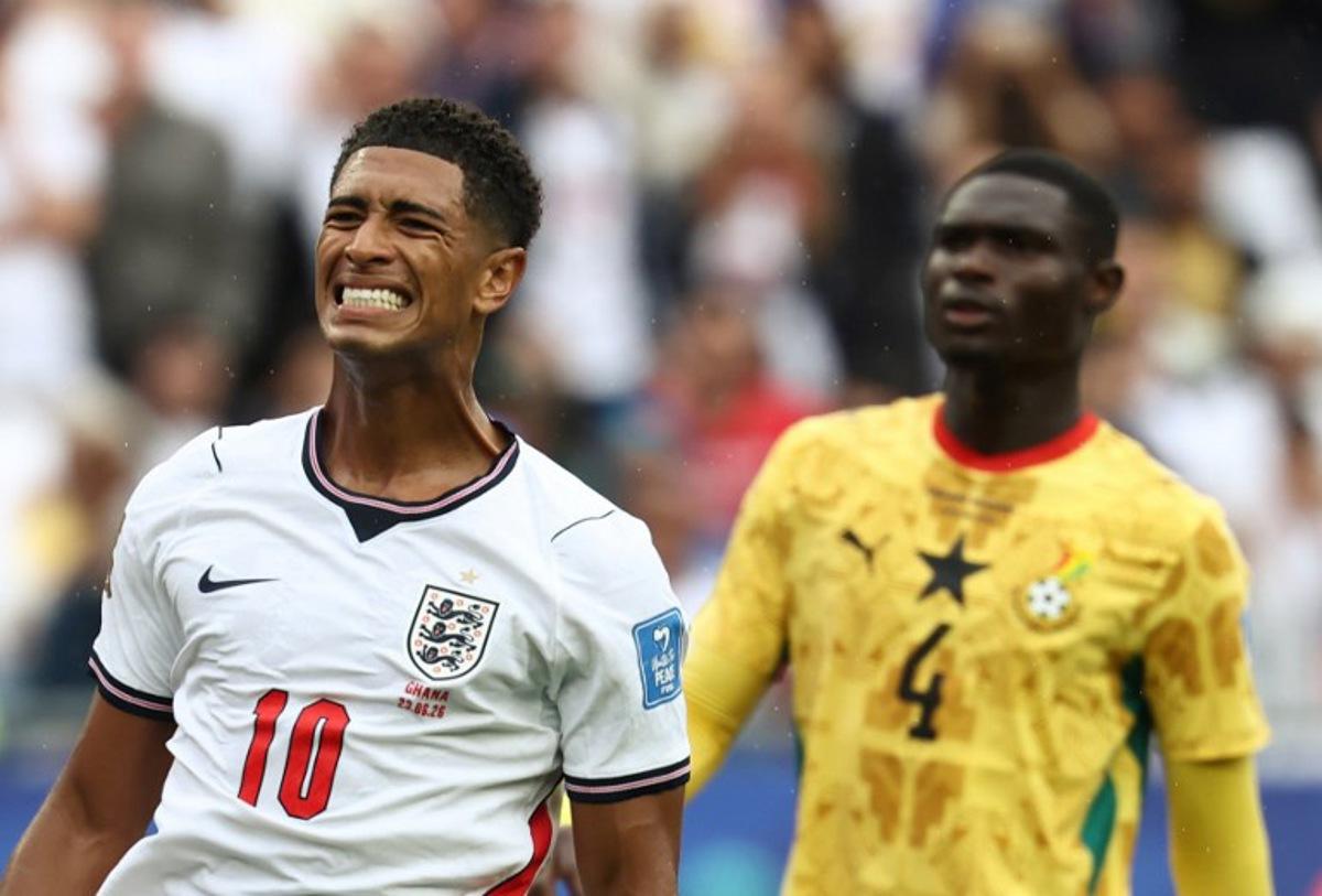 England's midfielder #10 Jude Bellingham reacts  during the 2026 World Cup Group L football match between England and Ghana at the Boston Stadium in Foxborough on June 23, 2026.   FRANCK FIFE / AFP