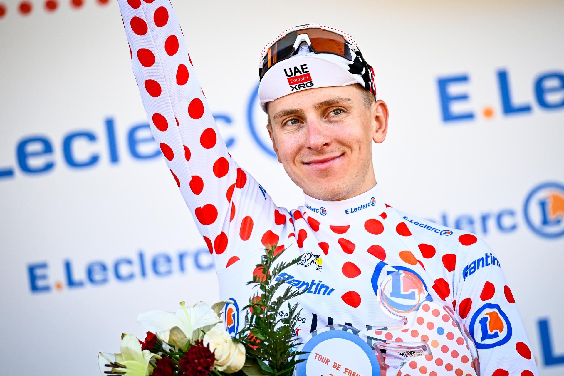 Slovenian Tadej Pogacar of UAE Team Emirates XRG celebrates in the red polka-dot jersey for best climber after the first stage of the 2026 Tour de France cycling race, a team time trial of 19km with start and finish in Barcelona, Spain, Saturday 04 July 2026. The 113th edition of the Tour de France starts on Saturday 4 July in Barcelona, Spain, and will finish in Paris, France on the 26th of July. BELGA PHOTO JASPER JACOBS