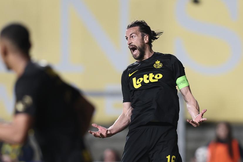 Union's Christian Burgess celebrates during a soccer match between Sint-Truiden VV and Royale Union Saint-Gilloise, Saturday 02 May 2026 in Sint-Truiden, on the sixth day of the Champion's Play-offs of the 2025-2026 'Jupiler Pro League' first division of the Belgian championship. BELGA PHOTO BRUNO FAHY